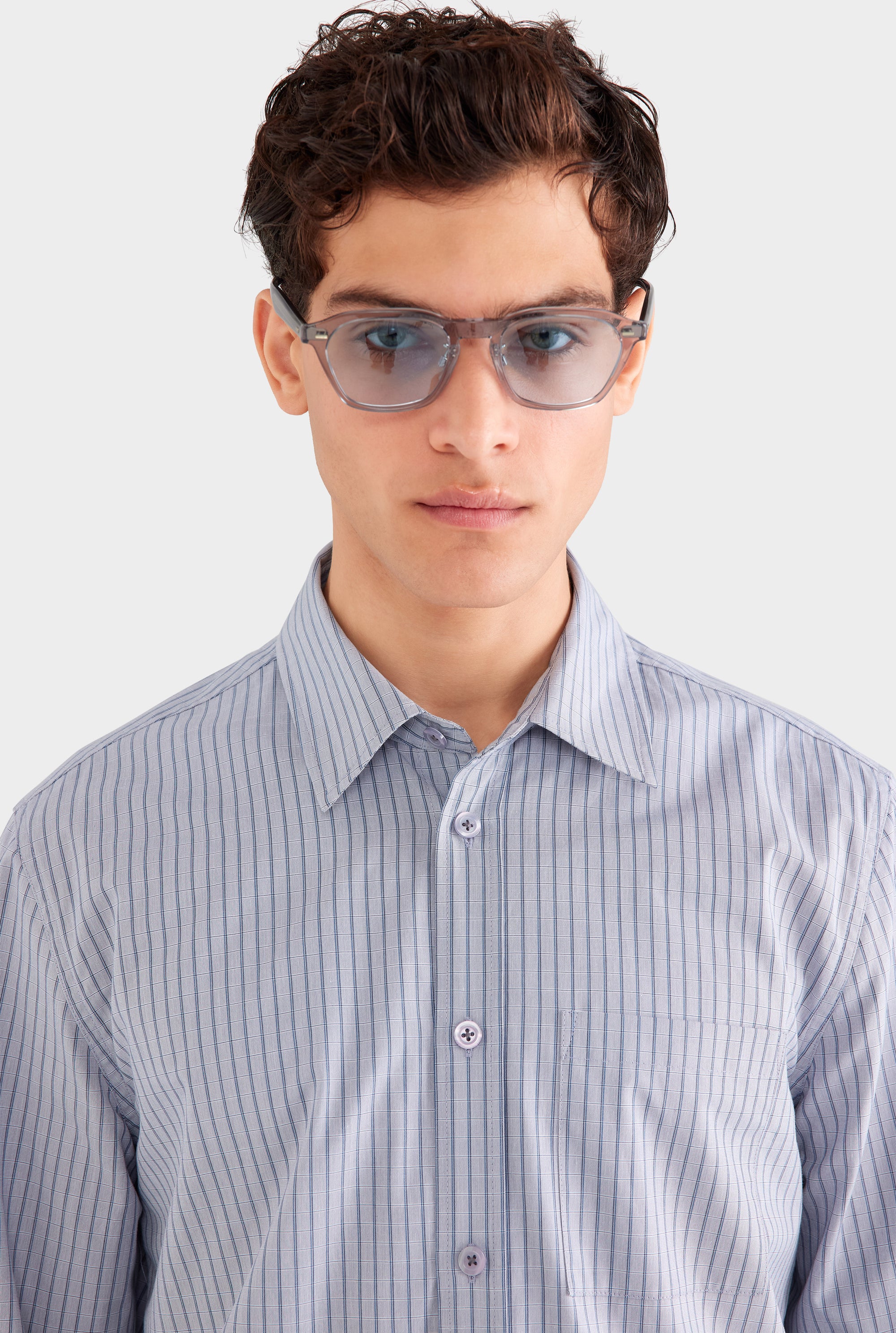 Classic Cotton Stripe Long Sleeve Shirt - Grey/Blue Check