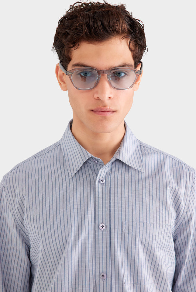 Classic Cotton Stripe Long Sleeve Shirt - Grey/Blue Check