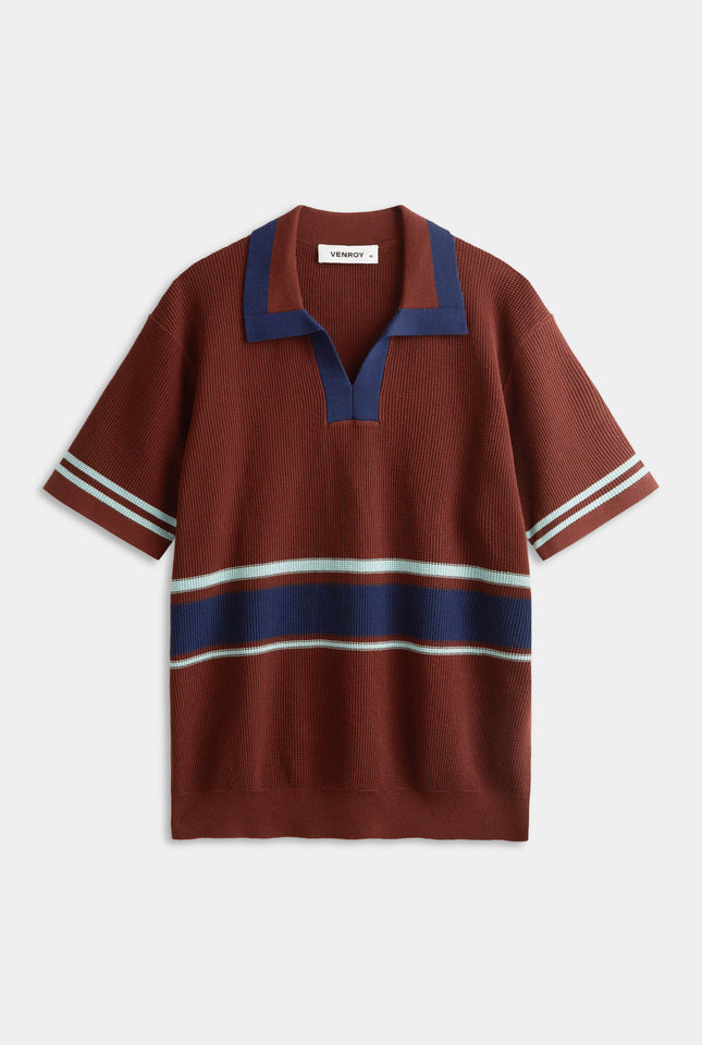 Contrast Open Neck Cotton Polo - Chocolate/Navy Blue