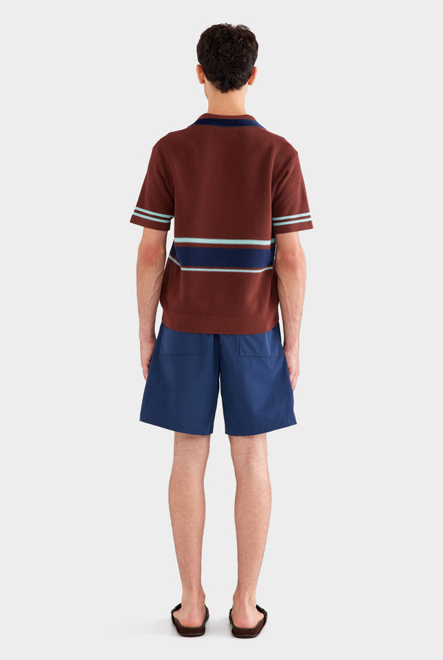 Contrast Open Neck Cotton Polo - Chocolate/Navy Blue