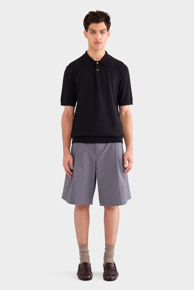 Cotton Blend Knitted Polo - Black