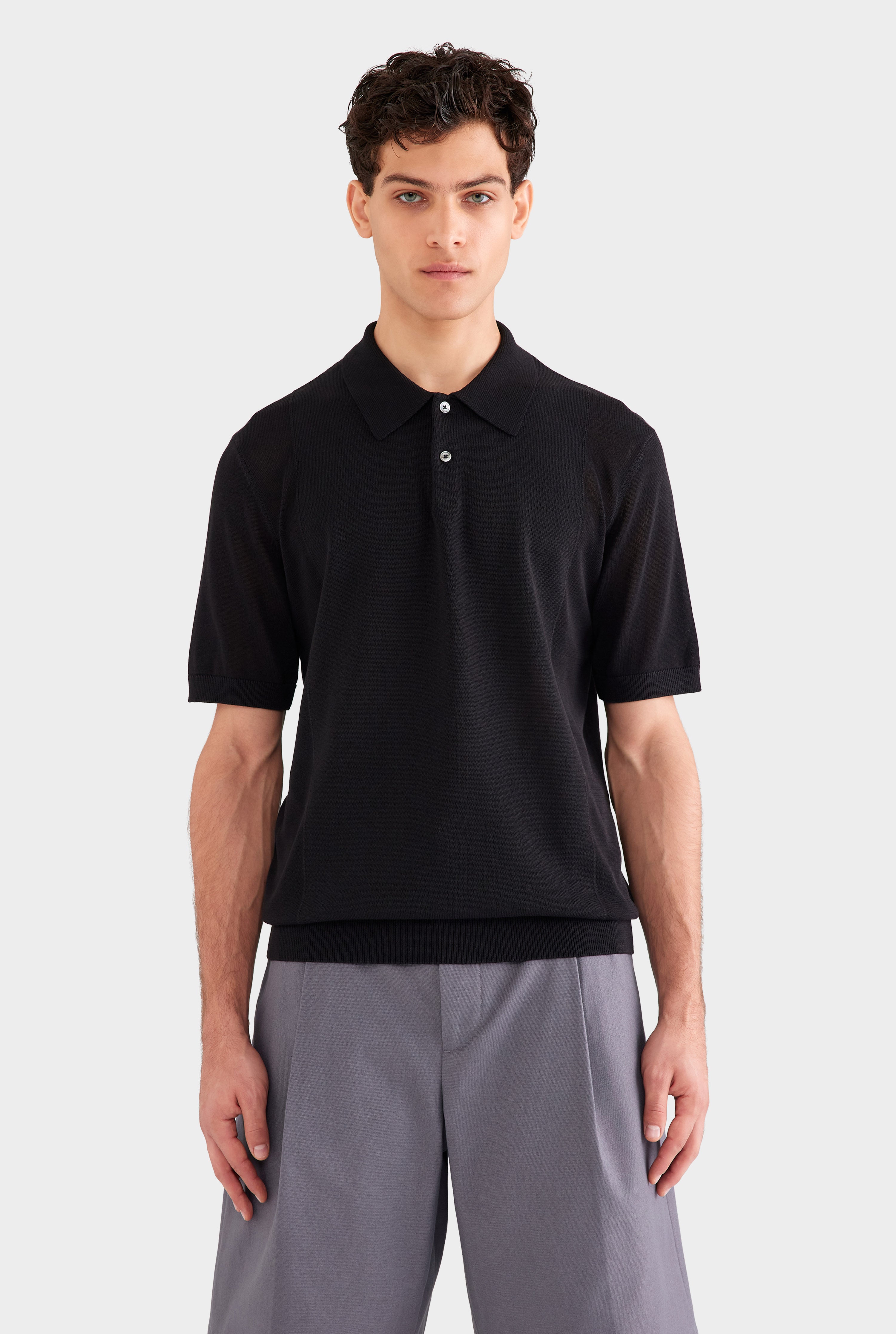 Cotton Blend Knitted Polo - Black