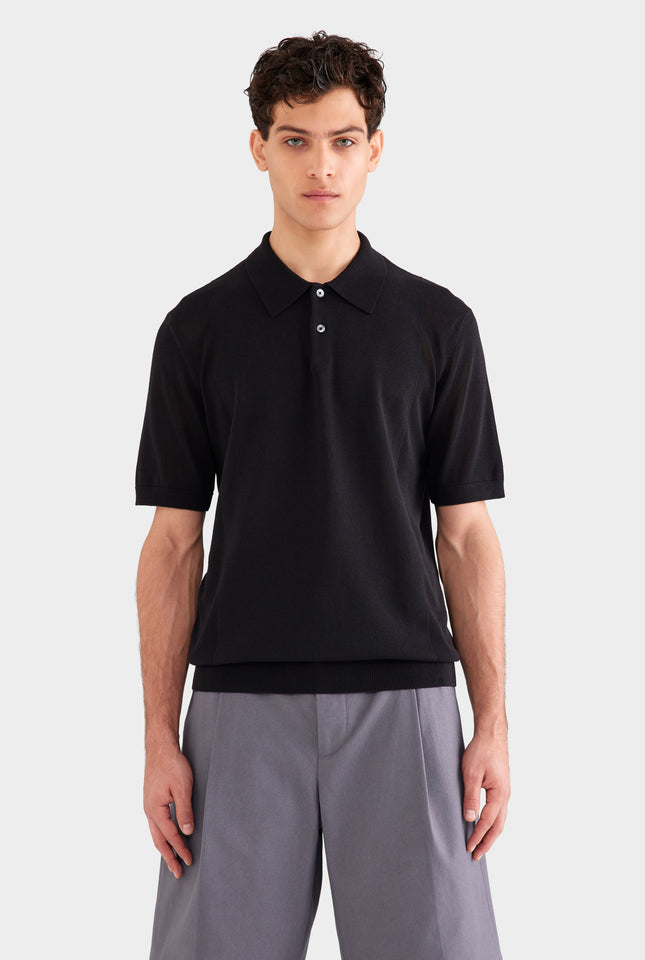 Cotton Blend Knitted Polo - Black