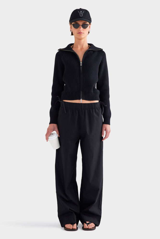 Cotton Funnel Neck Zip Up Sweater - White