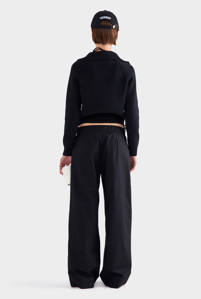 Cotton Funnel Neck Zip Up Sweater - Black