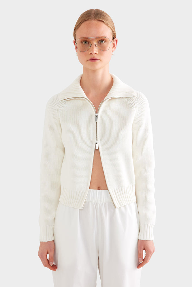 Cotton Funnel Neck Zip Up Sweater - Black