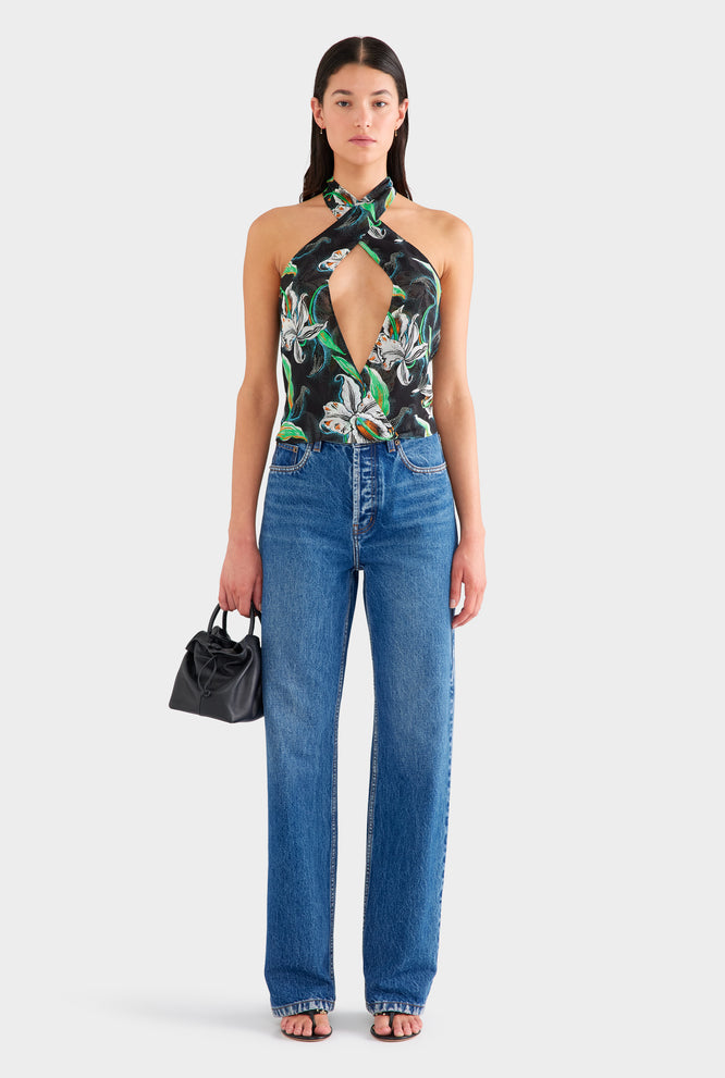 Cross Front Silk Scarf Top - Black/White Lily