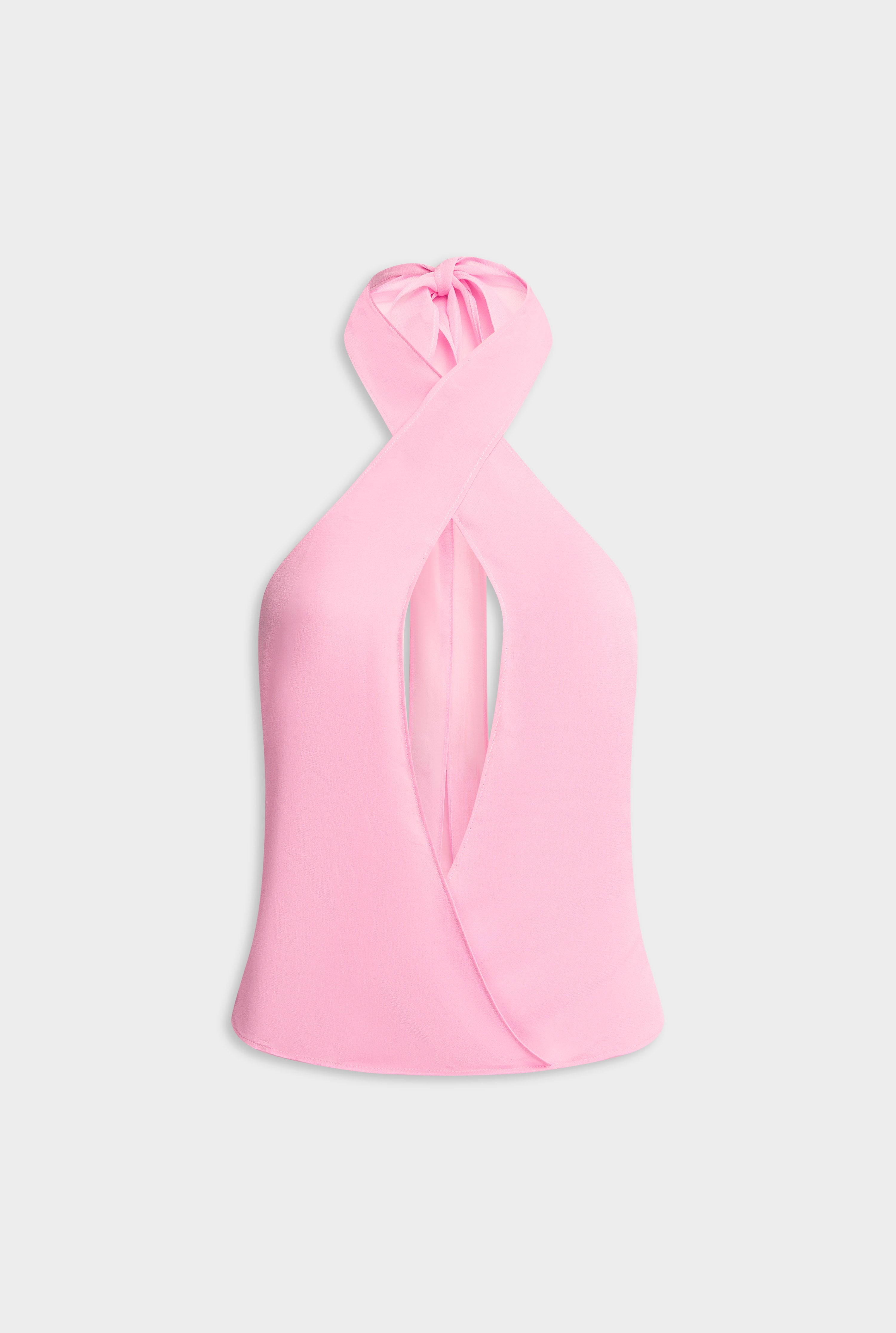 Cross Front Silk Scarf Top - Pink
