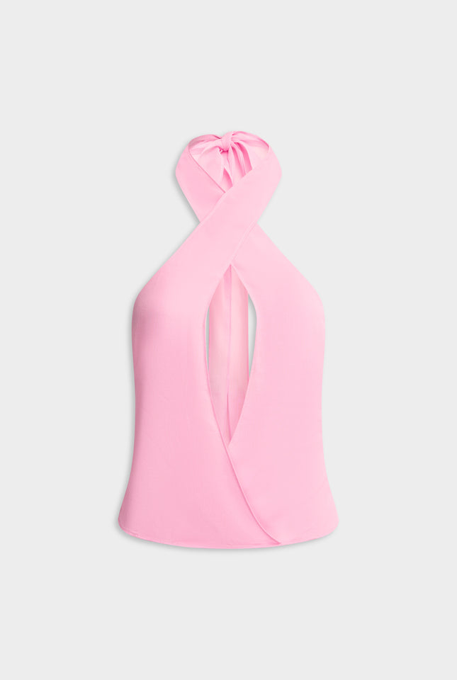 Cross Front Silk Scarf Top - Pink