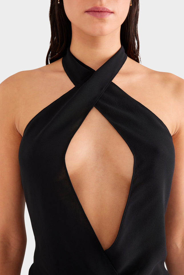 Cross Front Silk Scarf Top - Black