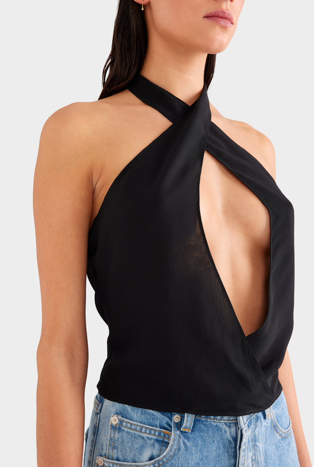 Cross Front Silk Scarf Top - Black