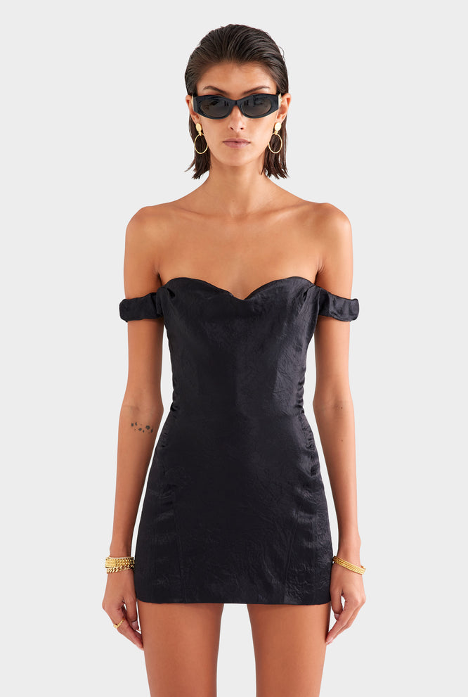 Crushed Satin Corset Mini Dress - Black