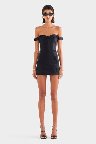 Crushed Satin Corset Mini Dress - Black