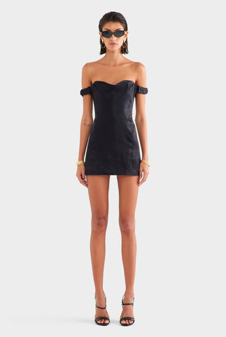 Crushed Satin Corset Mini Dress - Black