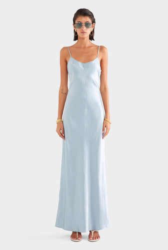 Crushed Satin Slip Dress - Silver Blue
