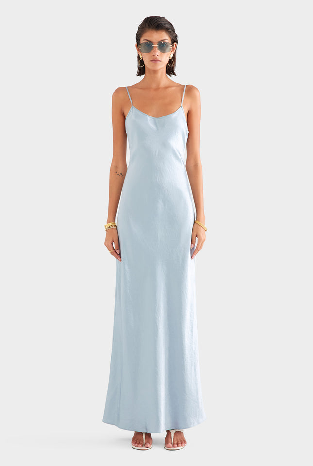 Crushed Satin Slip Dress - Silver Blue
