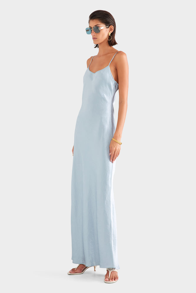 Crushed Satin Slip Dress - Silver Blue