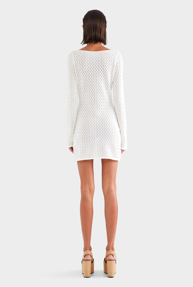 Cotton Boat Neck Mini Dress - Off White