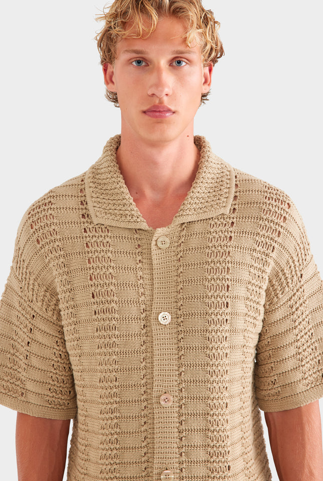 Chunky Crochet Knit Shirt - Pale Khaki