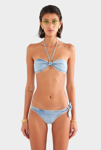 Denim Halter Bandeau Bikini - Washed Denim