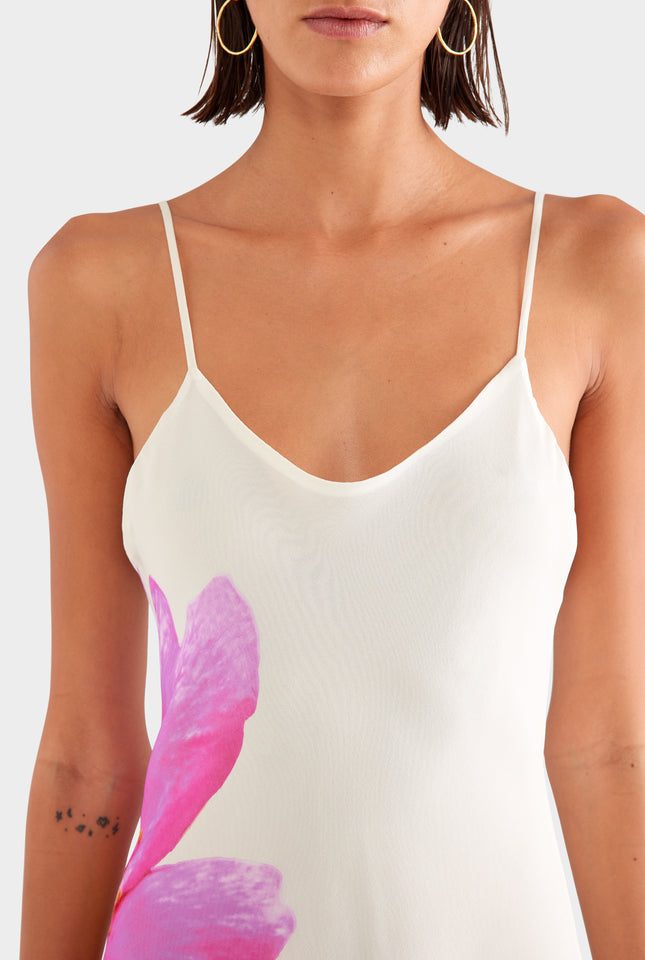 Layered Silk Slip Maxi Dress - Cream/Fuchsia Flower