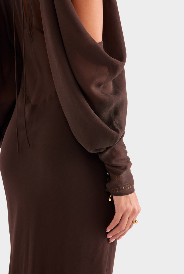 Silk Off Shoulder Column Maxi Dress - Dark Chocolate