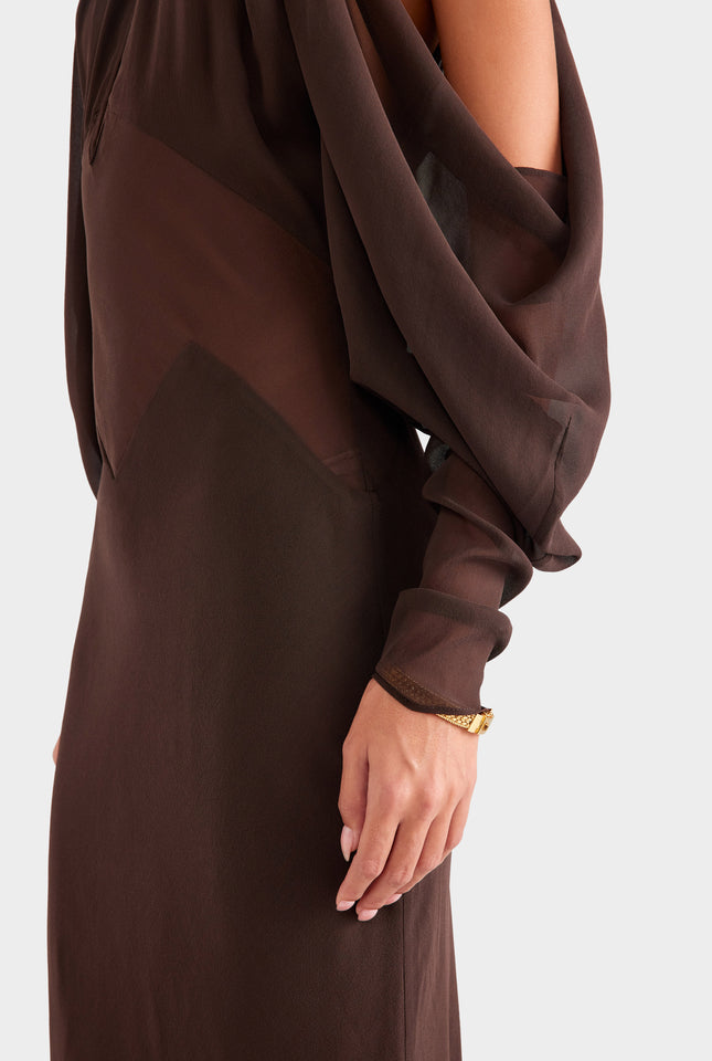 Silk Off Shoulder Column Maxi Dress - Dark Chocolate