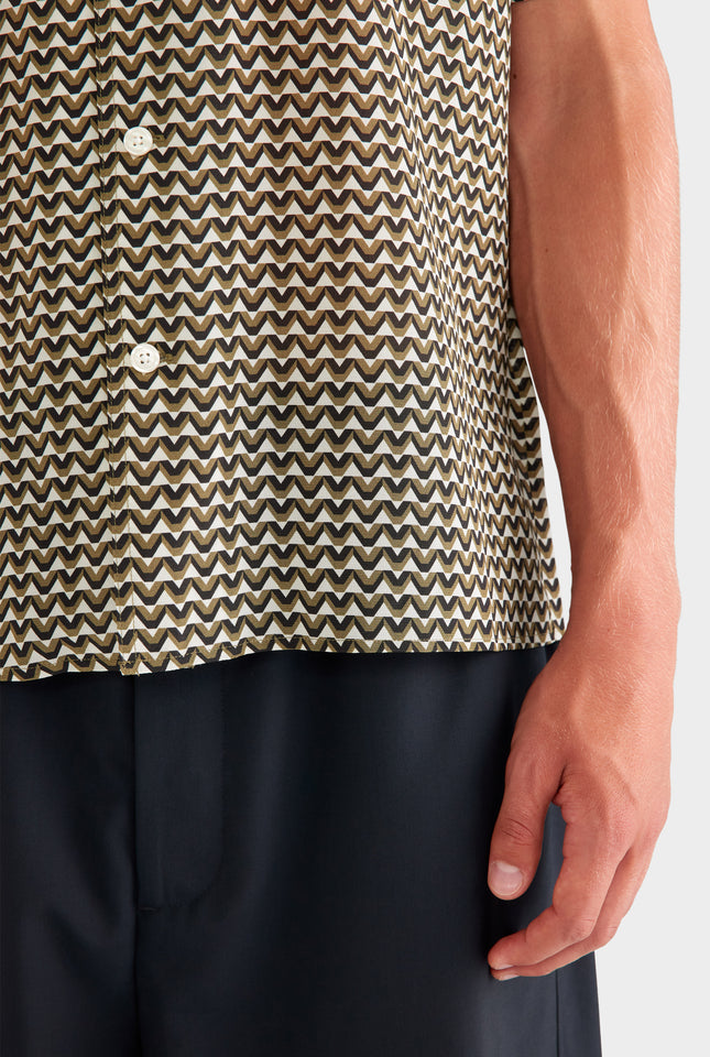 SS Silk Camp Collar Shirt - Cream/Black/Olive V Monogram