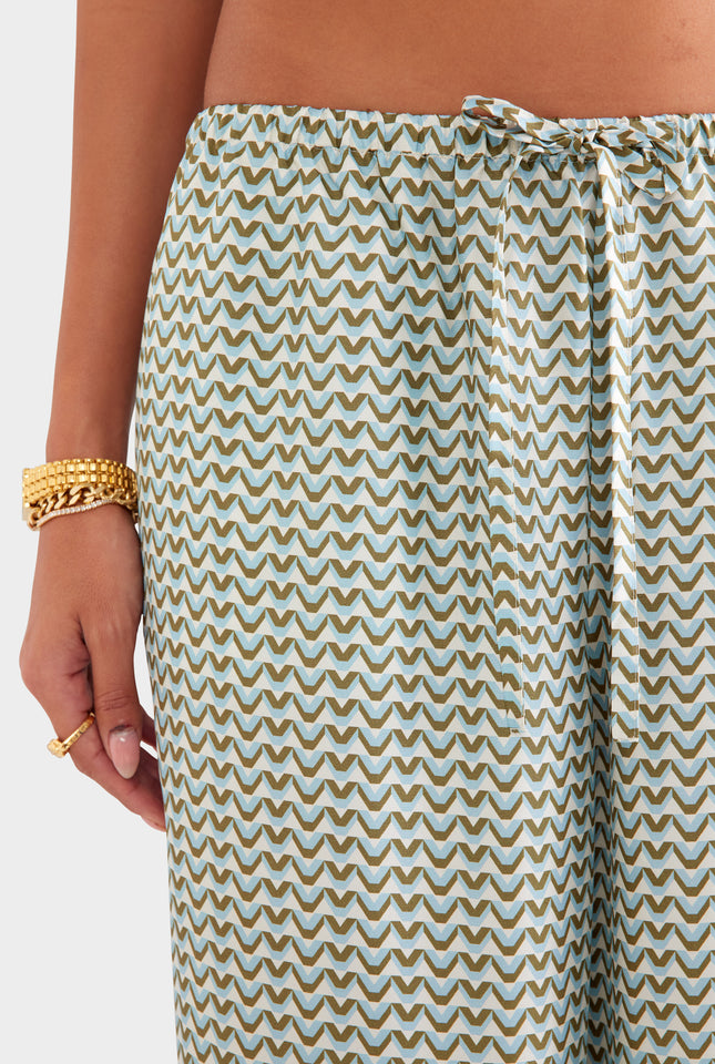 Relaxed Silk Drawstring Pant - Cream/Blue/Olive V Monogram