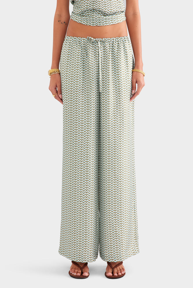Relaxed Silk Drawstring Pant - Cream/Blue/Olive V Monogram