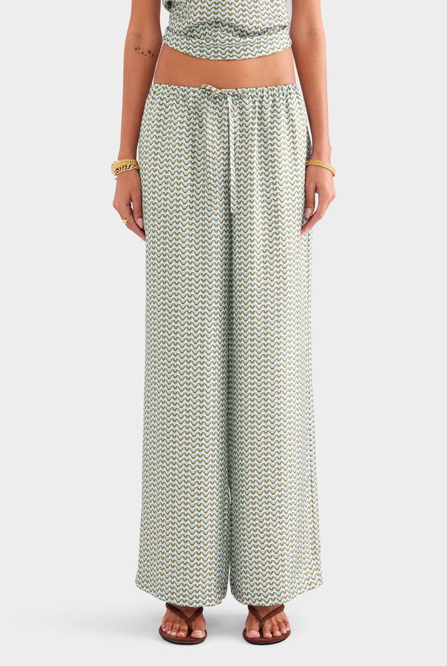 Relaxed Silk Drawstring Pant - Cream/Blue/Olive V Monogram