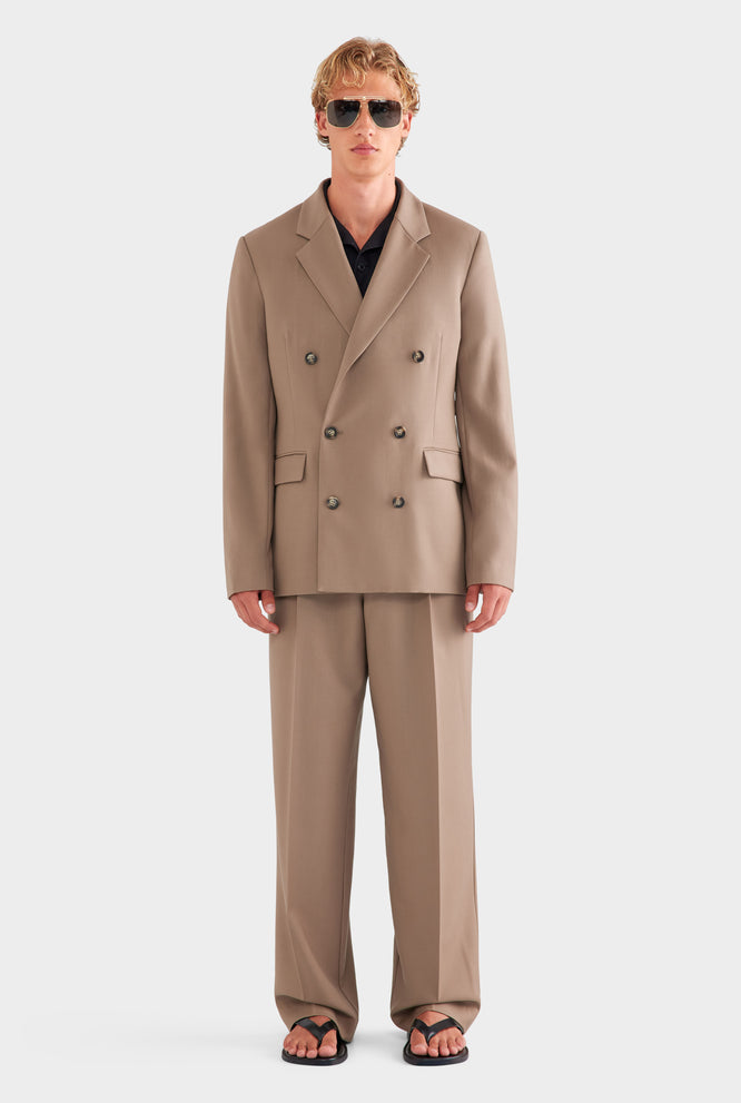 Tailored Wool Double Breasted Suit Jacket - Taupe Brown