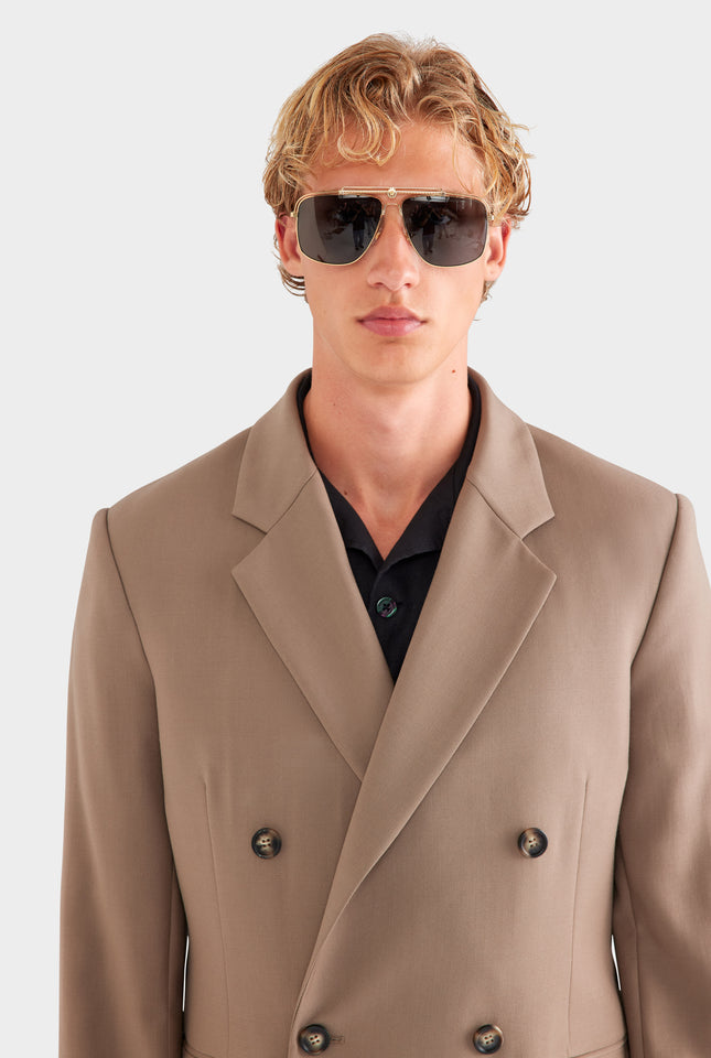Tailored Wool Double Breasted Suit Jacket - Taupe Brown