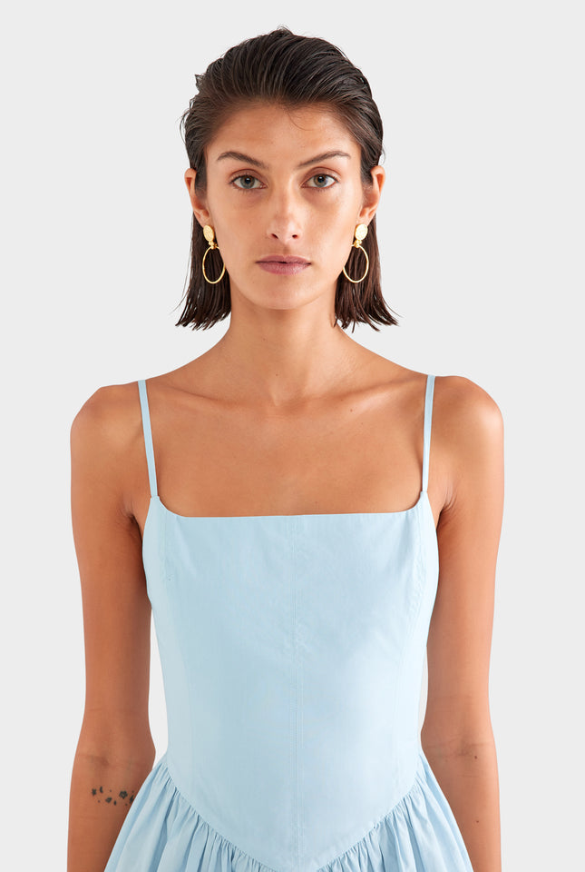 V Waist Cotton Mini Dress - Powder Blue