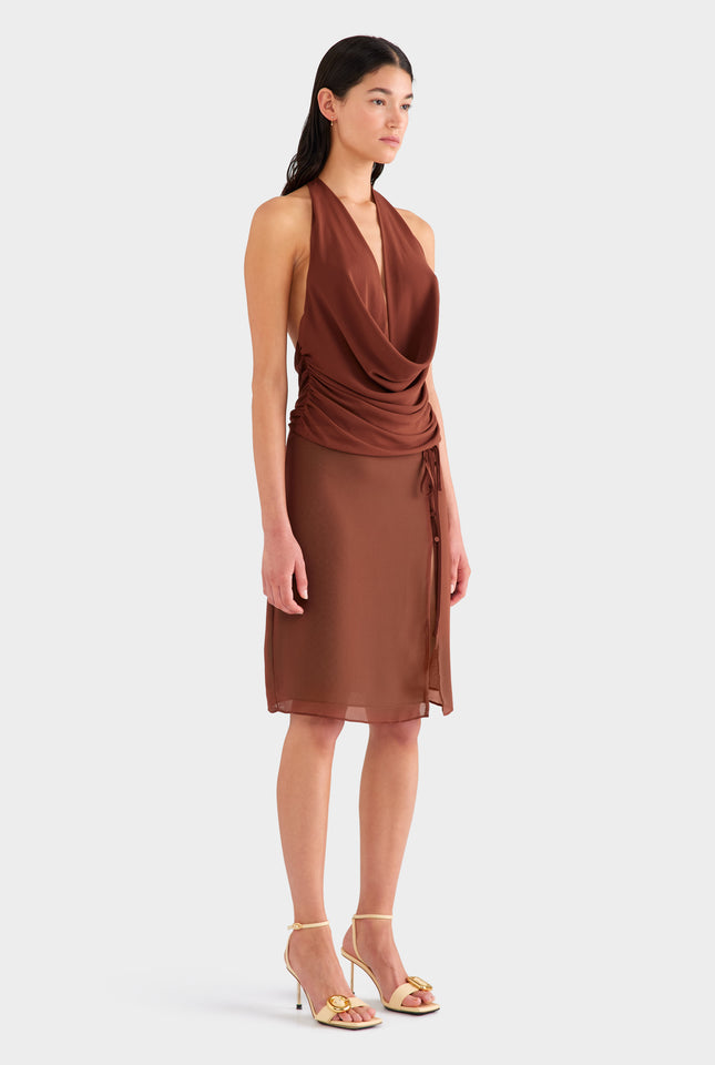 Deep Cowl Sheer Silk Halter - Chocolate