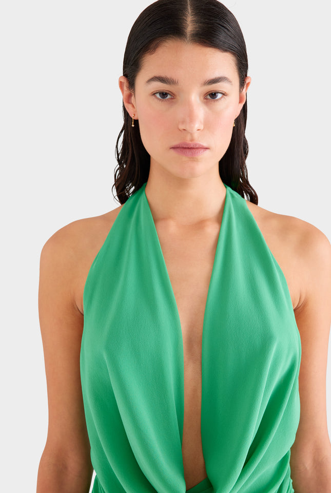 Deep Cowl Sheer Silk Halter - Jade Green