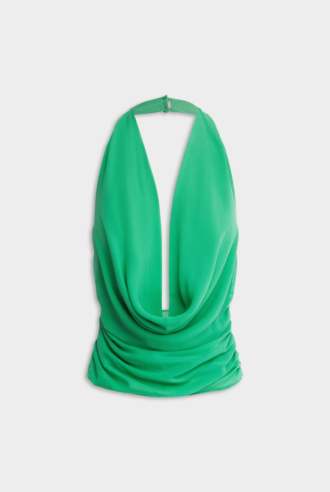 Deep Cowl Sheer Silk Halter - Jade Green