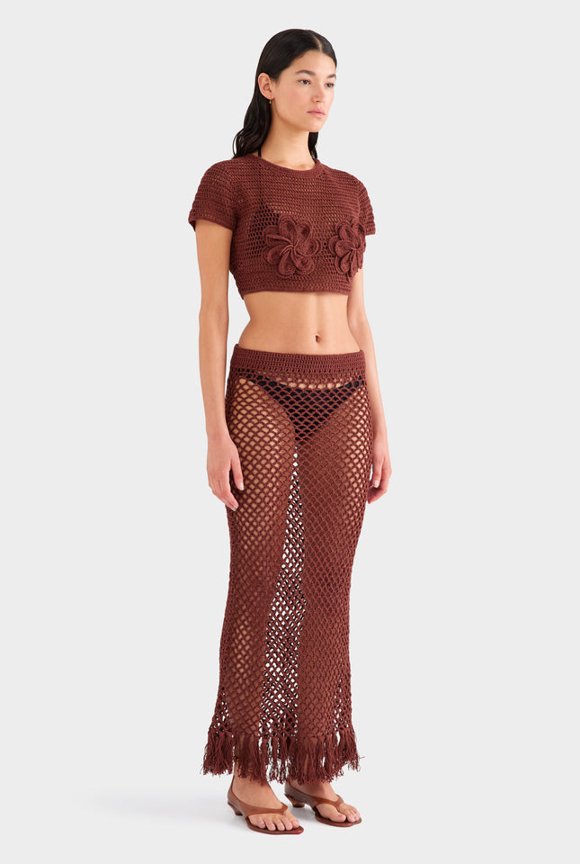 Fringed Crochet Cotton Midi Skirt - Chocolate