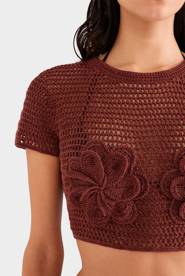 Floral Crochet Cotton Cropped Tee - Chocolate