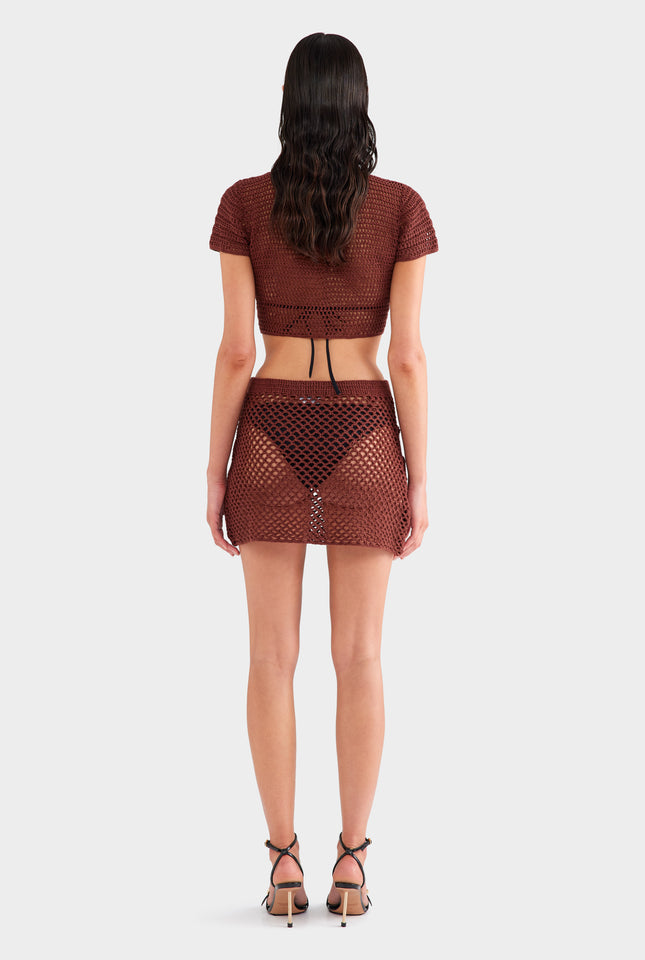 Floral Crochet Cotton Mini Skirt - Chocolate