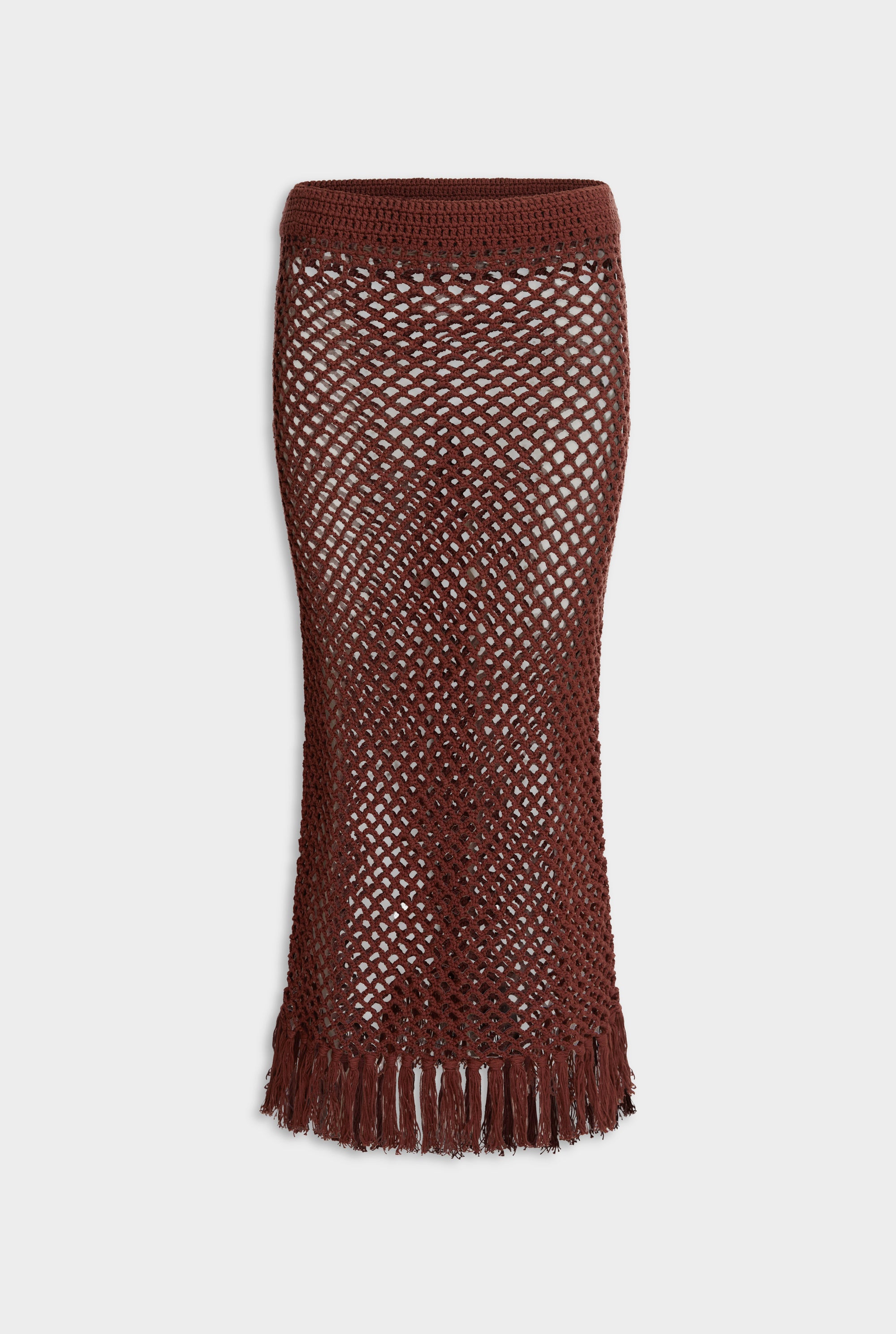 Fringed Crochet Cotton Midi Skirt - Chocolate