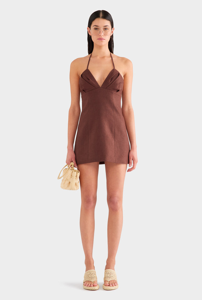 Halter Linen Mini Dress - Chocolate