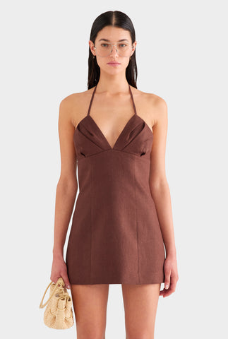 Halter Linen Mini Dress - Chocolate