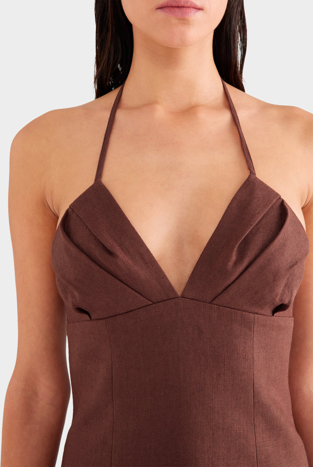 Halter Linen Mini Dress - Chocolate
