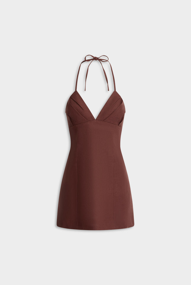 Halter Linen Mini Dress - Chocolate