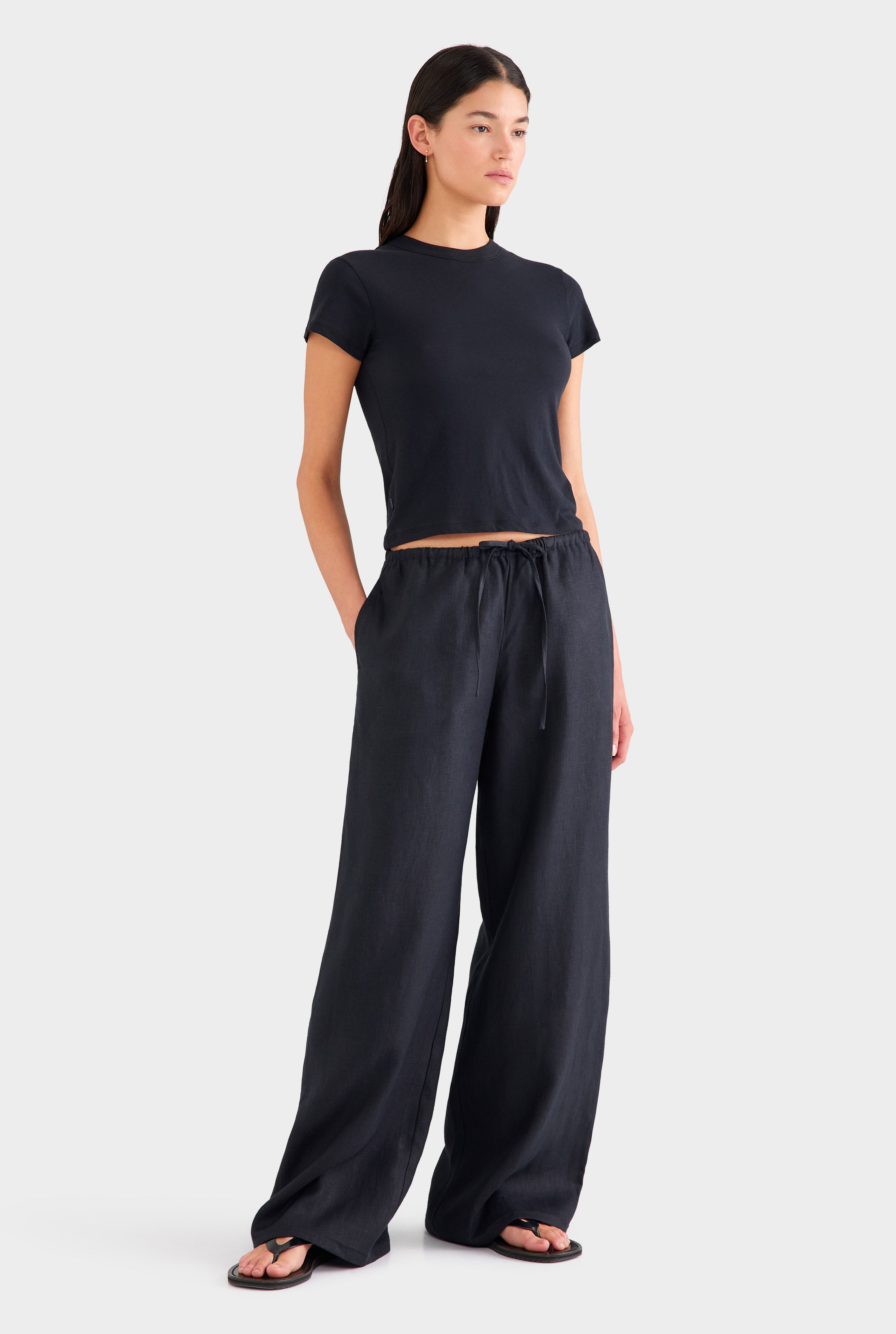 Heavyweight Wide Leg Linen Pant - Black