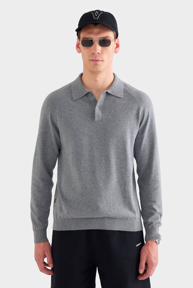 Long Sleeve Cotton Raglan Knit Polo - Navy