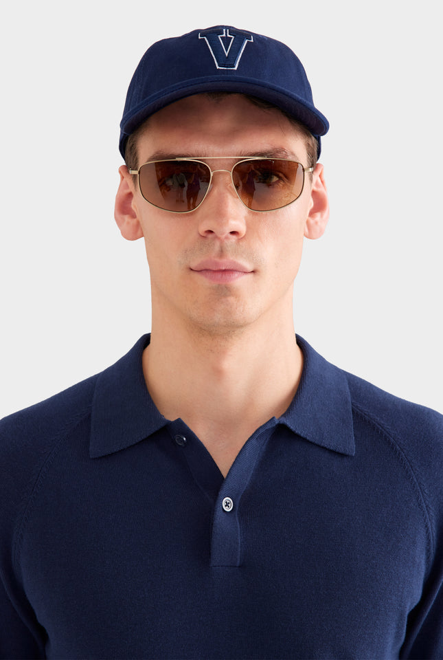 Long Sleeve Cotton Raglan Knit Polo - Navy