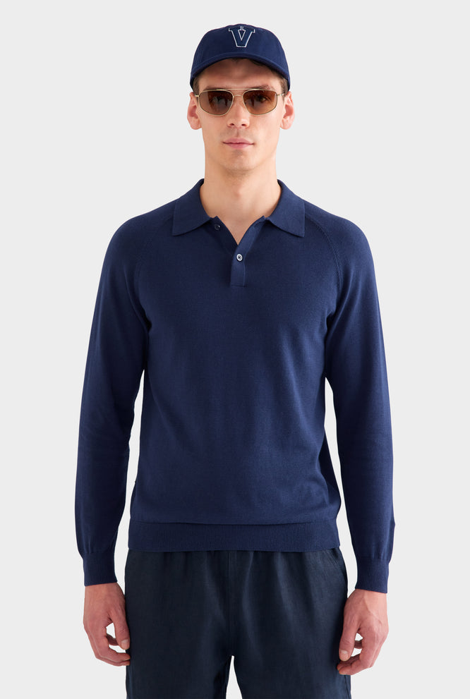 Long Sleeve Cotton Raglan Knit Polo - Dark Grey Marl
