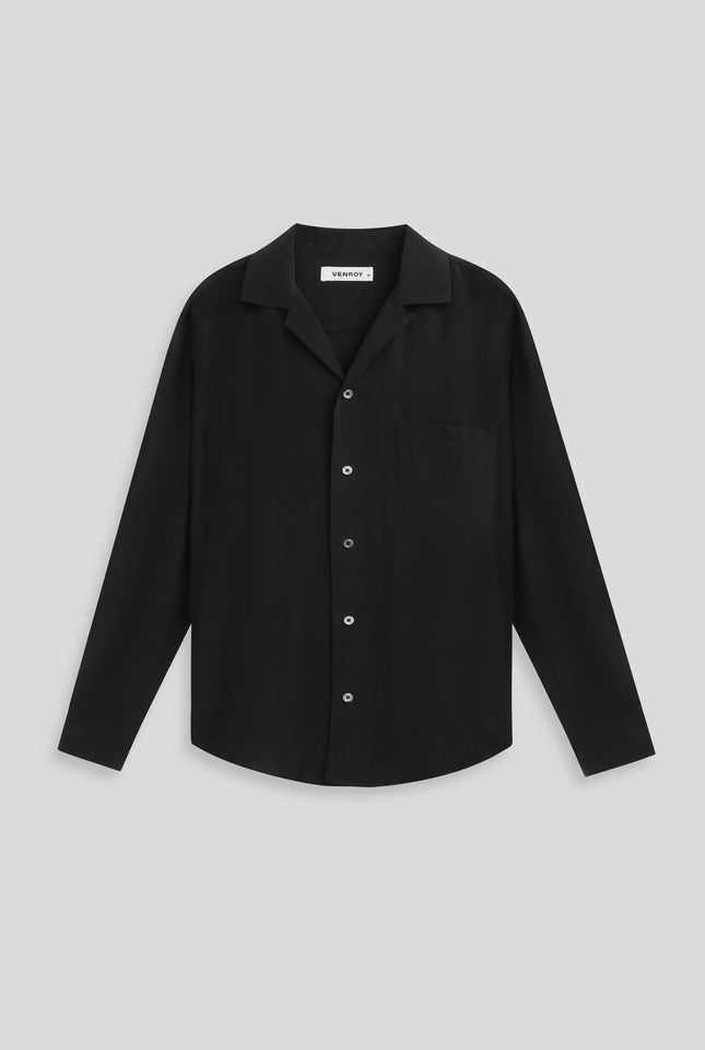 Long Sleeve Silk Camp Collar Shirt - Black